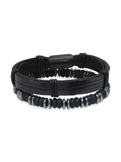 Shop Anthony Jacobs Men's 2-piece Black Ion-plated Stainless Steel, Hematite & Lava Bead Bracelet Set