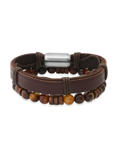 Shop Anthony Jacobs Men's 2-piece Stainless Steel, Leather & Tiger Eye Bracelet Set In Neutral