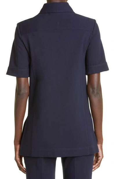 Shop Victoria Beckham Fitted Button-up Ponte Knit Short Sleeve Shirt In Dark Navy