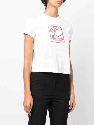 Shop Diesel Sequin-embellished Logo-print T-shirt In White