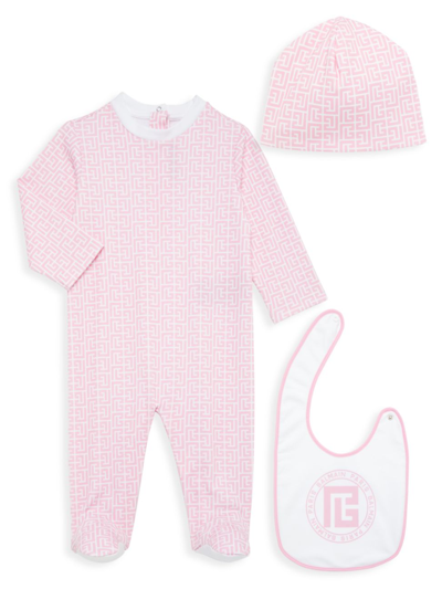 Shop Balmain Baby Girl's Monogram 3-piece Gift Box In Pink