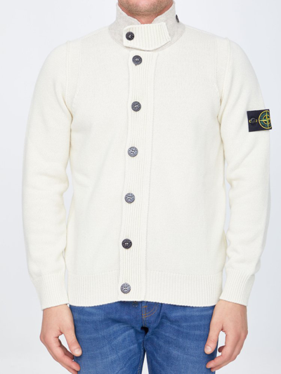 Shop Stone Island Logo Patch High Neck Cardigan In White