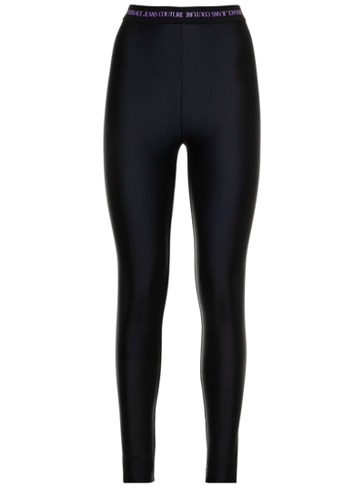 Shop Versace Jeans Couture Black Leggings In Stretch Fabric With Elastic Waist With Contrast Jacquard Logo Versace Jeans Coutur