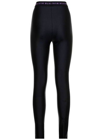 Shop Versace Jeans Couture Black Leggings In Stretch Fabric With Elastic Waist With Contrast Jacquard Logo Versace Jeans Coutur