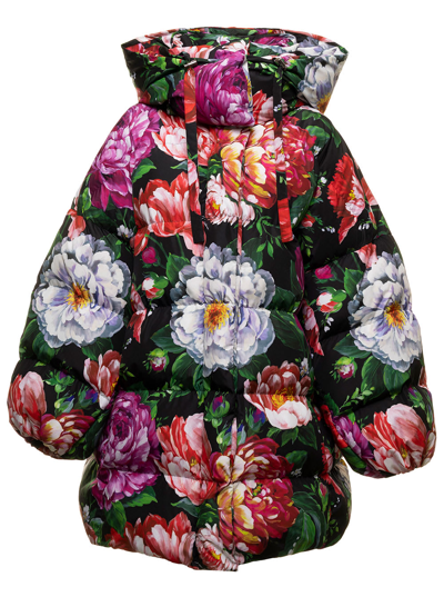 Shop Dolce & Gabbana Multicoloured Long Down Jacket In Nylon With Pictorial Floral Print  Woman In Multicolor