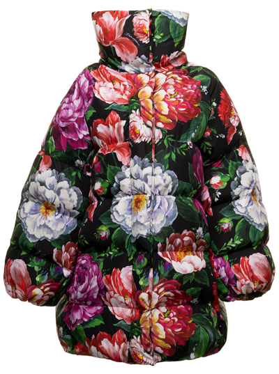 Shop Dolce & Gabbana Multicoloured Long Down Jacket In Nylon With Pictorial Floral Print  Woman In Multicolor