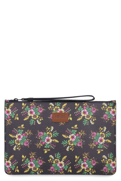 Shop Kenzo Printed Leather Clutch In Black