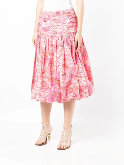 Shop Ulla Johnson Roselani Ruched Floral-print Skirt In Pink