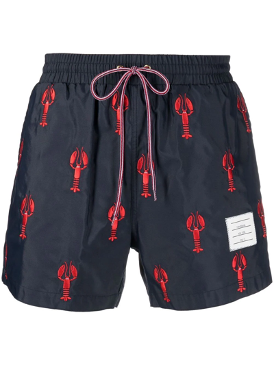 Shop Thom Browne Lobster-embroidered Swim Shorts In Blue
