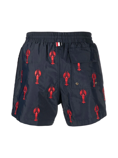 Shop Thom Browne Lobster-embroidered Swim Shorts In Blue