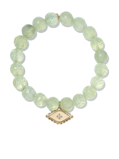 Sydney Evan 14kt Yellow Gold Prehnite Evil Eye Diamond Charm Beaded Bracelet In Gold