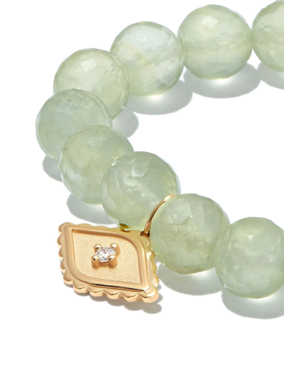 Sydney Evan 14kt Yellow Gold Prehnite Evil Eye Diamond Charm Beaded Bracelet In Gold