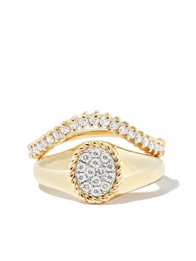 Shop Yvonne Léon Set Of Two 9kt Yellow Gold Diamond Signet Rings