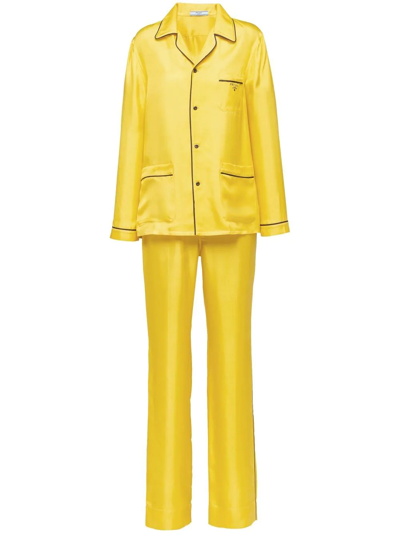 Shop Prada Contrasting Trim Twill Pajama Set In Yellow
