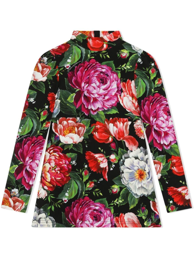Dolce & Gabbana Floral-print Mock Neck Dress In Black