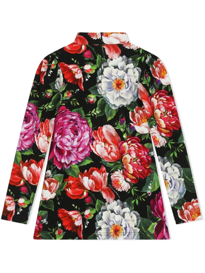 Dolce & Gabbana Floral-print Mock Neck Dress In Black