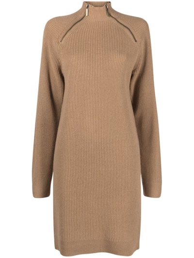 Shop Michael Michael Kors Zip-detailed Knitted Dress In Brown