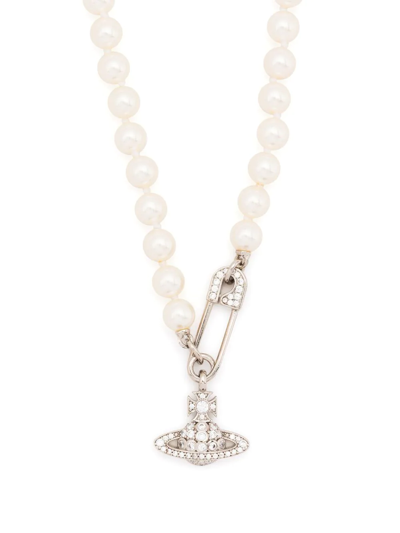 Shop Vivienne Westwood Orb Safety-pin Pearl Necklace In Neutrals