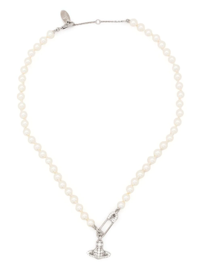 Shop Vivienne Westwood Orb Safety-pin Pearl Necklace In Neutrals