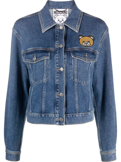 Shop Moschino Teddy Bear Appliqué Denim Jacket In Blue