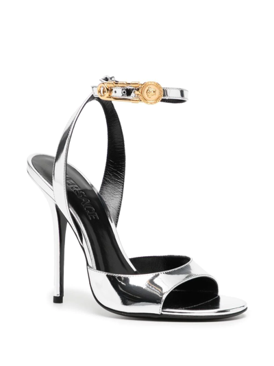 Shop Versace Safety Pin 110mm Metallic Sandals In Silver