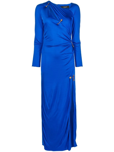 Versace Safety Pin Thigh-slit Ruched Slash Jersey Gown In Blue | ModeSens