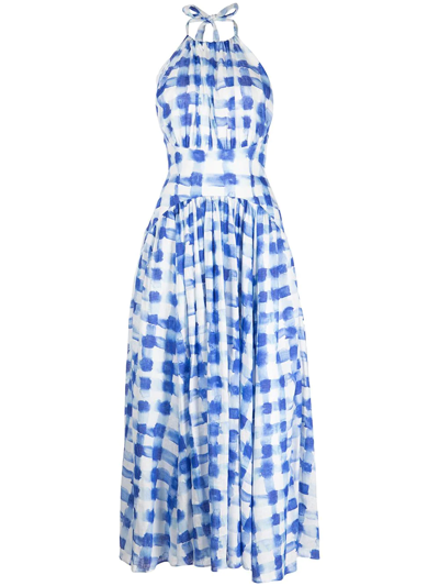 Shop Rosie Assoulin Check-print Halterneck Maxi Dress In Blue