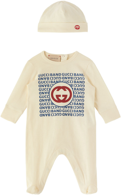 Shop Gucci Baby Beige Cotton Beanie & Bodysuit Set In 9756 Sunkissed/mc