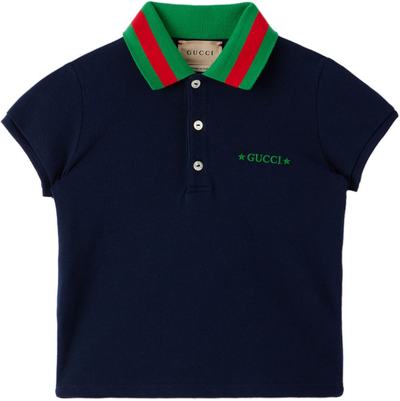 Shop Gucci Baby Navy Cotton Polo In 4306 Oltremare/mix