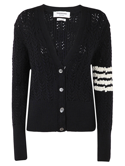 Shop Thom Browne V-neck Cardigan W/ 4 Bar In Irish Pointelle Cable 5gg Sustainable Merino Wool In Navy