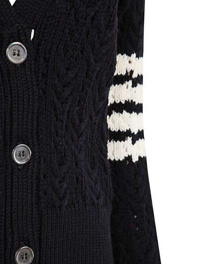 Shop Thom Browne V-neck Cardigan W/ 4 Bar In Irish Pointelle Cable 5gg Sustainable Merino Wool In Navy