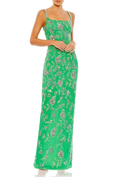 Shop Mac Duggal Floral Beaded Column Gown In Spring Green