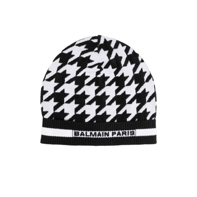 Shop Balmain Black Houndstooth Knitted Beanie Hat