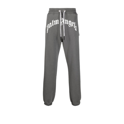 Shop Palm Angels Grey Curved Logo Cotton Track Pants