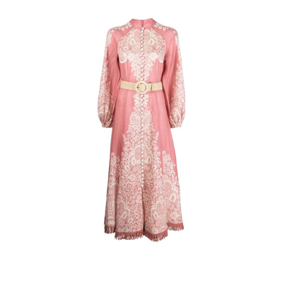 Shop Zimmermann Pink Pattie Fringed Linen Midi Dress