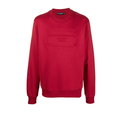 Shop Dolce & Gabbana Red Logo Plaque Embossed Cotton Sweatshirt