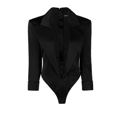 Shop Balmain Notched Lapel Bodysuit - Women's - Viscose/silk In Black