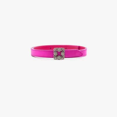 Shop Manolo Blahnik Pink Hangisi Crystal Buckle Satin Belt