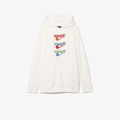Shop Versace Teen White Triple Print Safety Pin Logo Cotton Hoodie In Neutrals