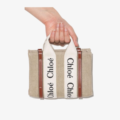 Shop Chloé Neutral Woody Mini Linen Tote Bag In Neutrals