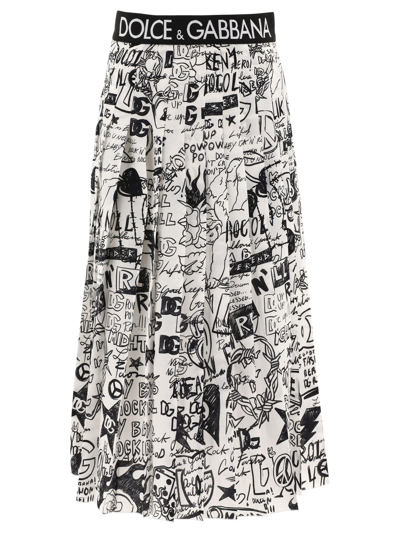 Shop Dolce & Gabbana "graffitti" Pleated Skirt In White