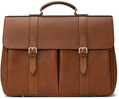 Shop Brunello Cucinelli Brown Leather Briefcase In C6608 Copper