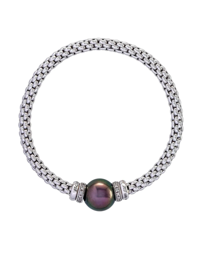 Shop Fope 18kt White Gold Flexible Black Pearl And White Diamond Bracelet In Silver