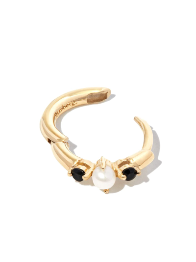 Shop Otiumberg 9kt Yellow Gold Onyx And Pearl Huggie Single Earring