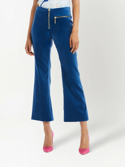 Shop Oscar De La Renta Velvet Mid-rise Flared Trousers In Blue