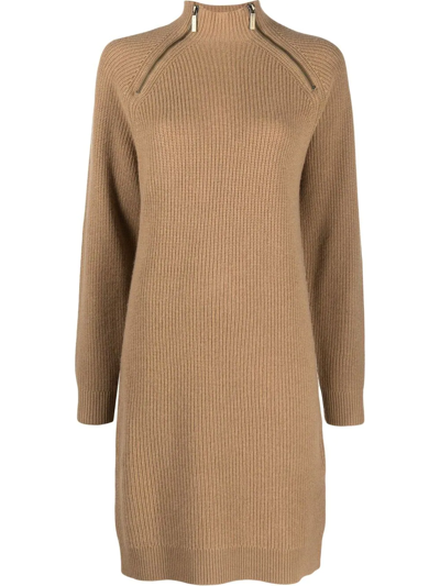 Shop Michael Michael Kors Zip-detailed Knitted Dress In Neutrals