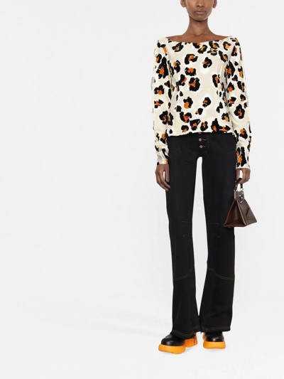 Shop Marni Leopard-print Off Shoulder T-shirt In Neutrals