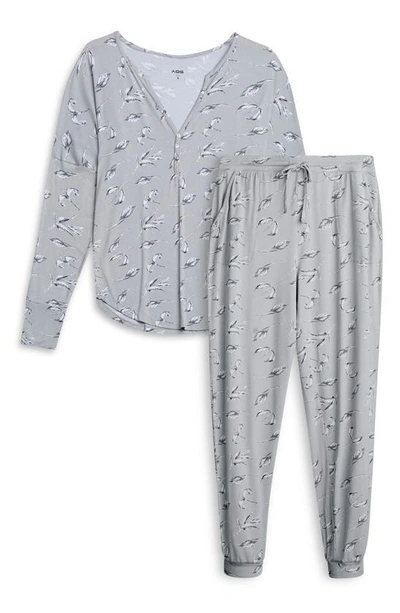 Shop Aqs Leaf Print Pajama Set In Smoke
