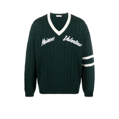 Shop Valentino Green Embroidered V-neck Wool Sweater