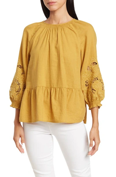 Shop Madewell Maggie Embroidered Linen Blend Top In Earthen Gold